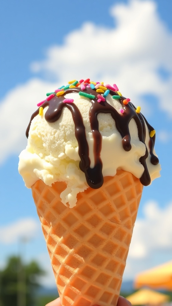Classic Vanilla Ice Cream Recipe A delicious scoop of vanilla ice cream in a cone with chocolate sauce and sprinkles against a sunny backdrop.